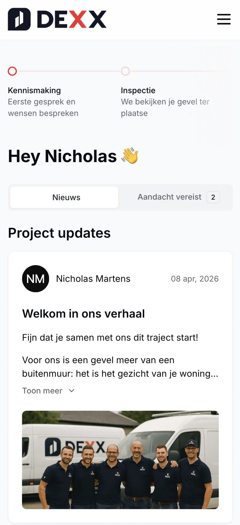 DEXX customer portal — project overview screen