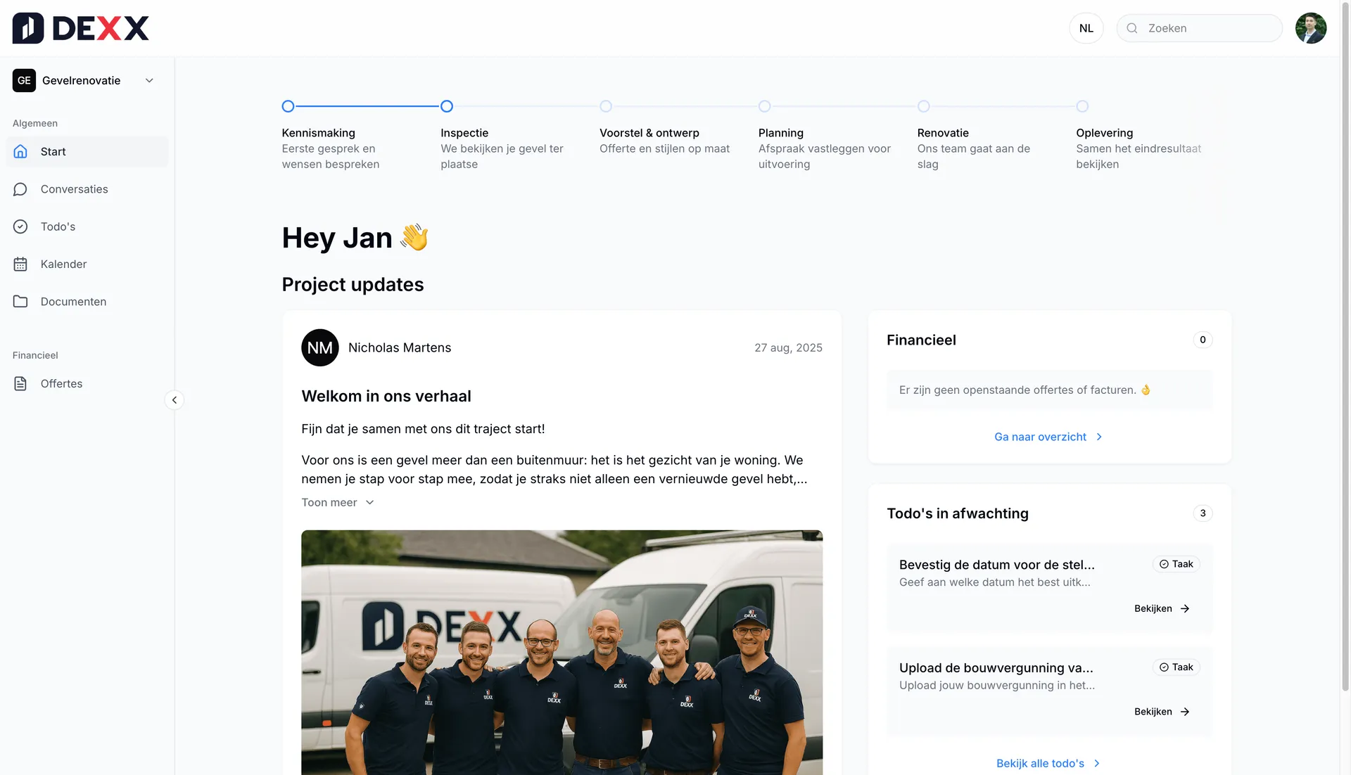 DEXX customer portal — project overview screen